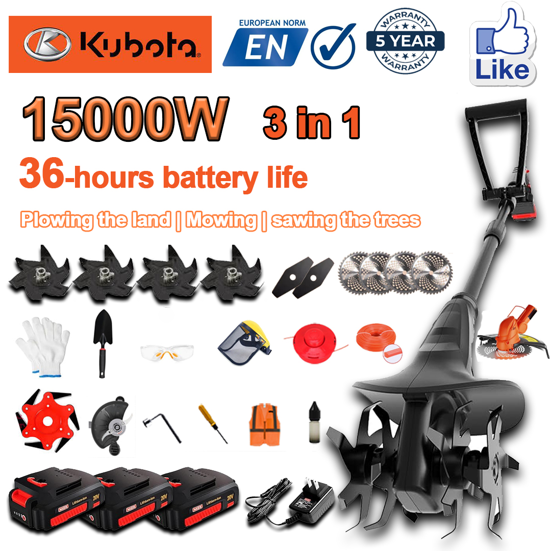 (Durata bateriei 36 ore) plug 15000W + baterie litiu 96V * 3 + încărcător rapid * 1 + lopată * 1 + cap cu lamă dreptă * 2 + lamă plug * 4 + lamă ferăstrău circular * 4 + lamă fierăstrău din aliaj * 1 + lamă de cosit * 1 + frânghie de cosit * 1 + diverse accesorii